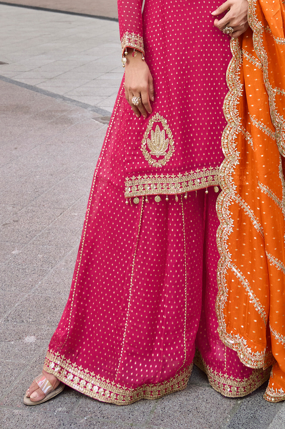 Fushia Pink Crepe Silk Embroidered Suit With Palazzo