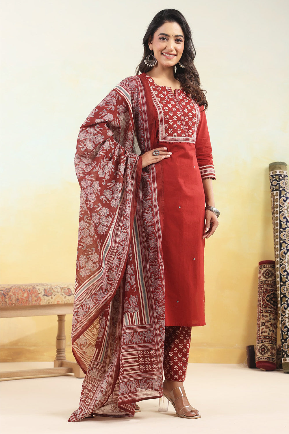 Maroon Colour Cotton Printed Anarkali Suit