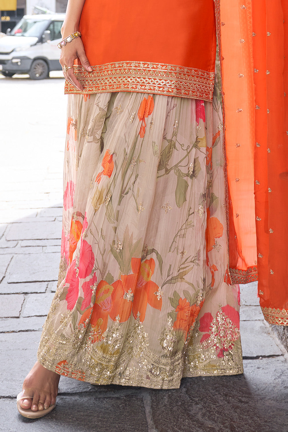 Orange Crepe Silk Zari and Sequins Embroidered Suit With Embroidered Palazzo