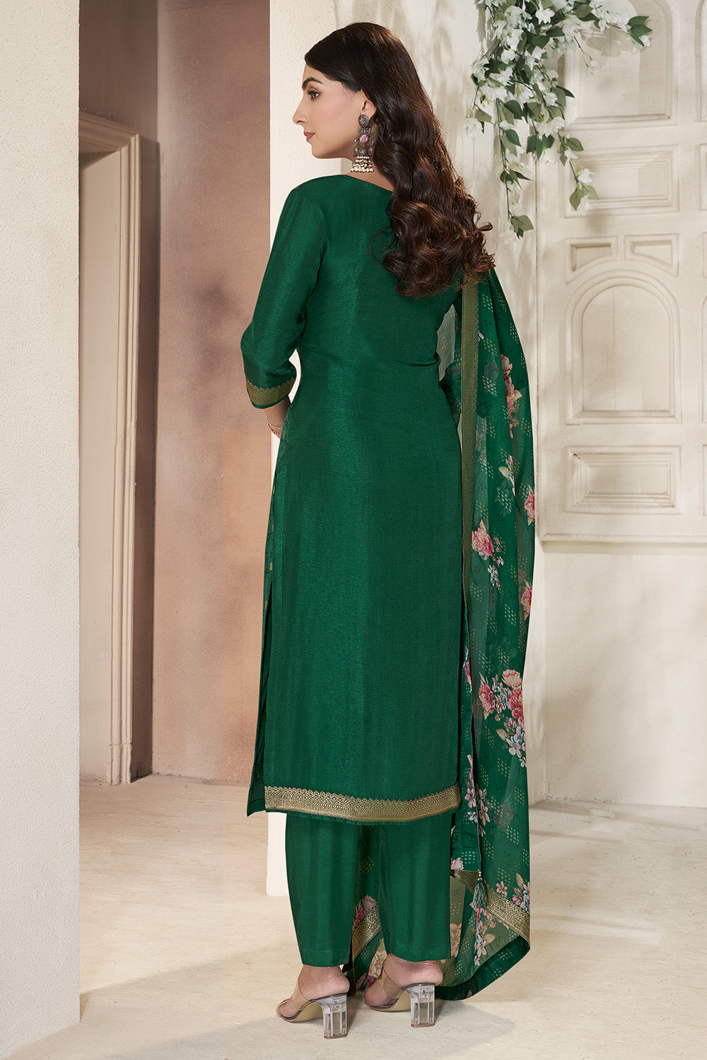 Bottle Green Color Silk Woven Straight Suit