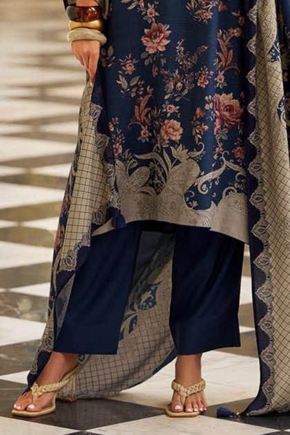 Blue Spun Floral Printed Unstitched Suit Fabric