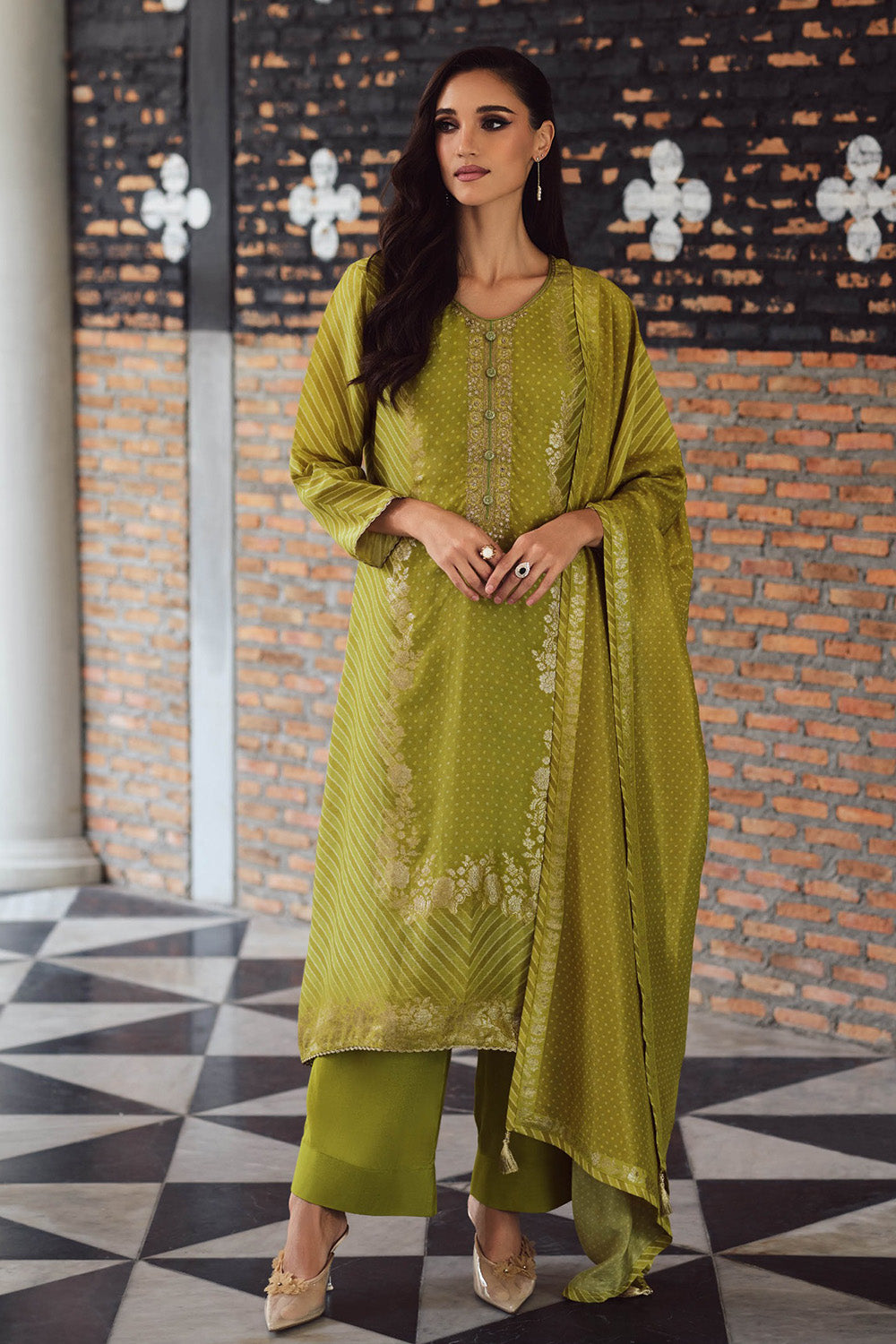 Olive Green Crepe Silk Bandhani Printed, Embroidered And Zari Woven Unstitched Suit