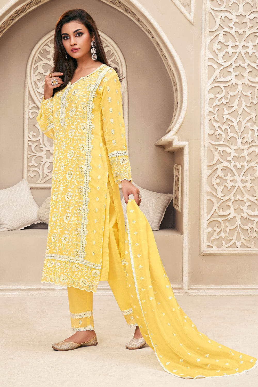 Yellow Organza Resham Embroidered Straight Suit with Lining