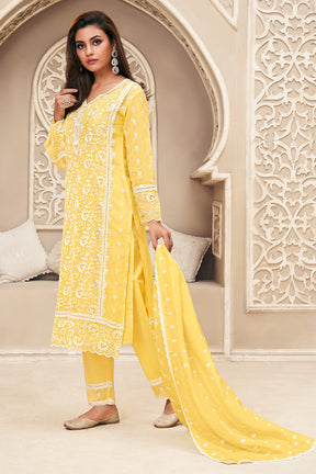 Yellow Organza Resham Embroidered Straight Suit with Lining