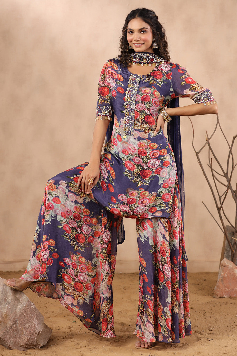 Navy Color Floral Printed Suit With Palazzo