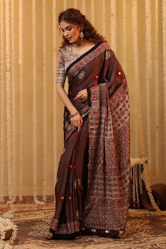 Light Brown Pure Mulberry Silk Printed And Embroidered Saree