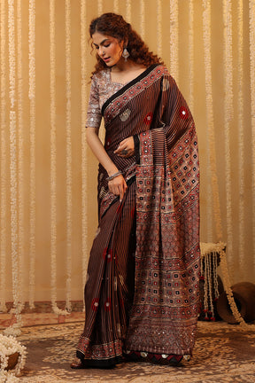 Light Brown Pure Mulberry Silk Printed And Embroidered Saree