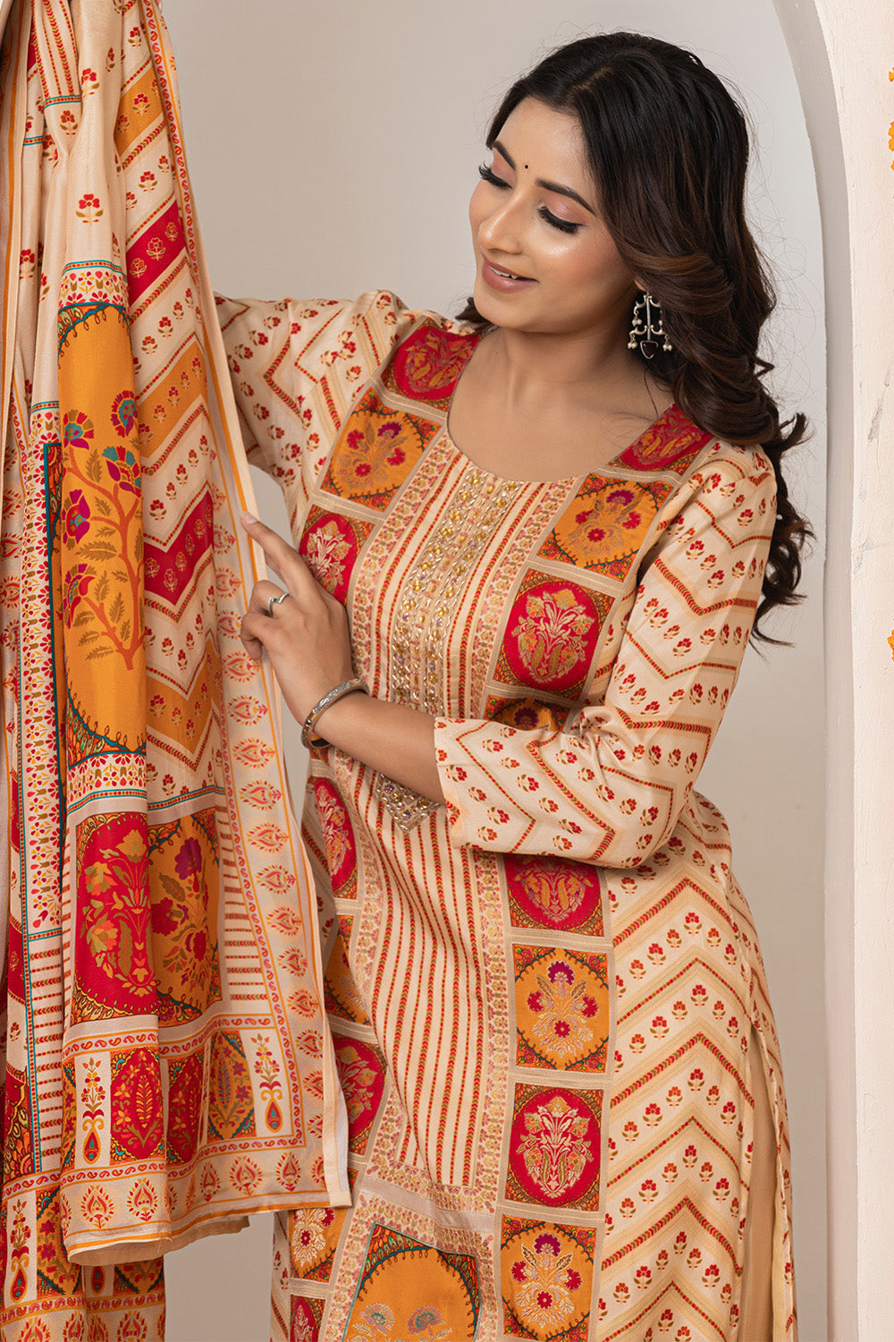 Beige Crepe Silk Printed Suit Set