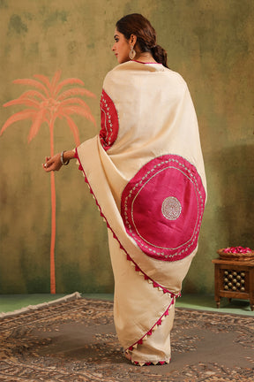 Cream Pure Tussar Zari And Gota-Patti Embroidered Saree