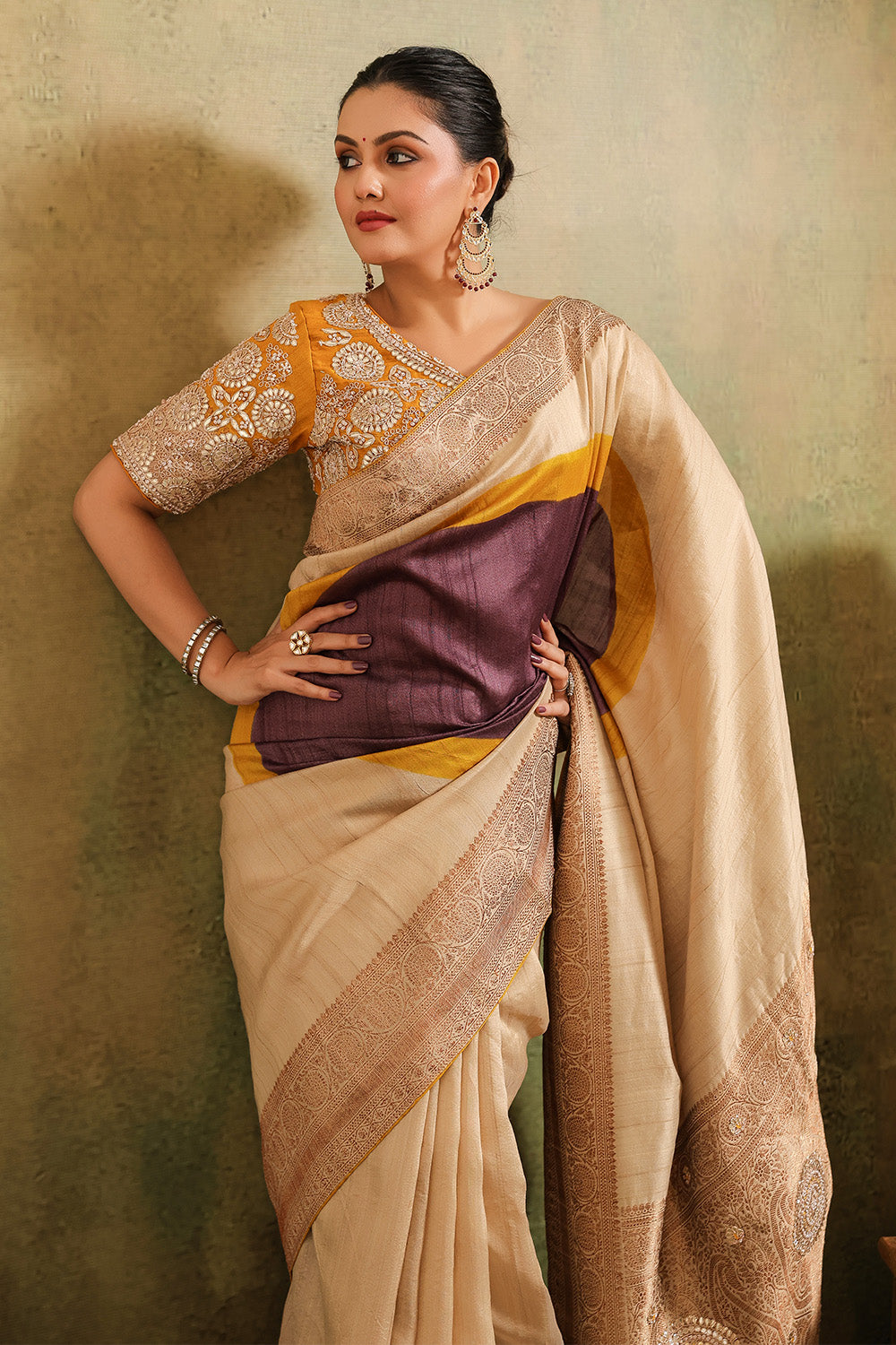 Beige & Mustard Pure Tussar Silk Woven And Embroidered Saree