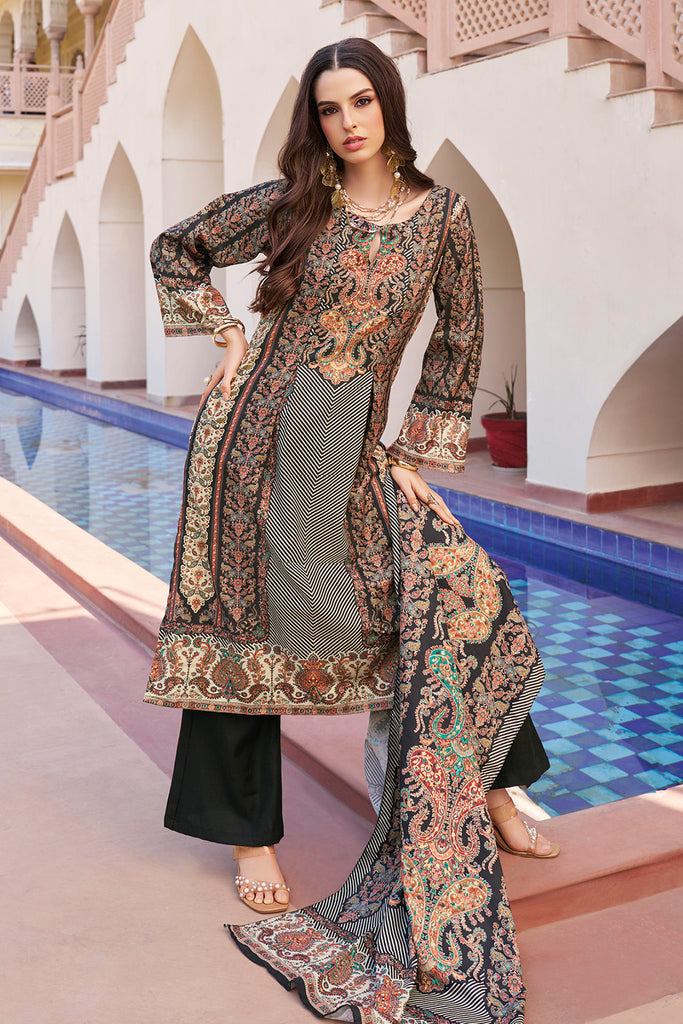 Beige & Black Spun Mughal-Inspired Paisley Printed Unstitched Suits Material
