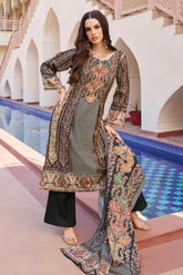 Beige & Black Spun Mughal-Inspired Paisley Printed Unstitched Suits Material