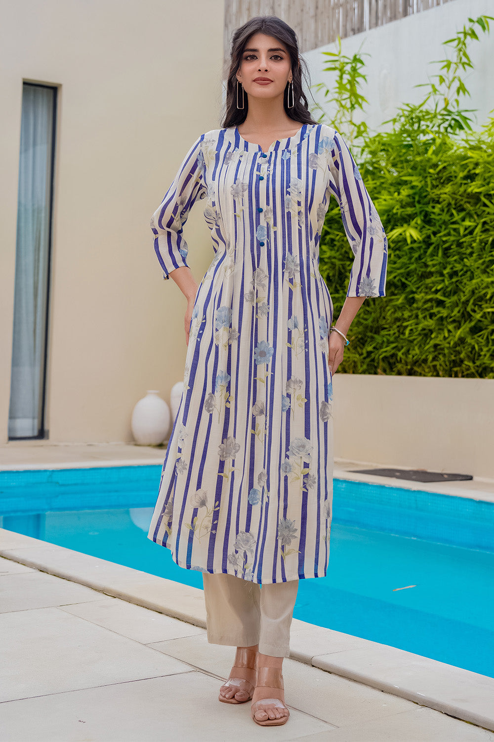 Beige & Blue Floral Printed Muslin Kurta Set