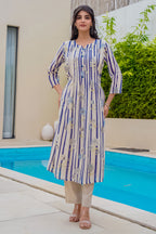Beige & Blue Floral Printed Muslin Kurta Set