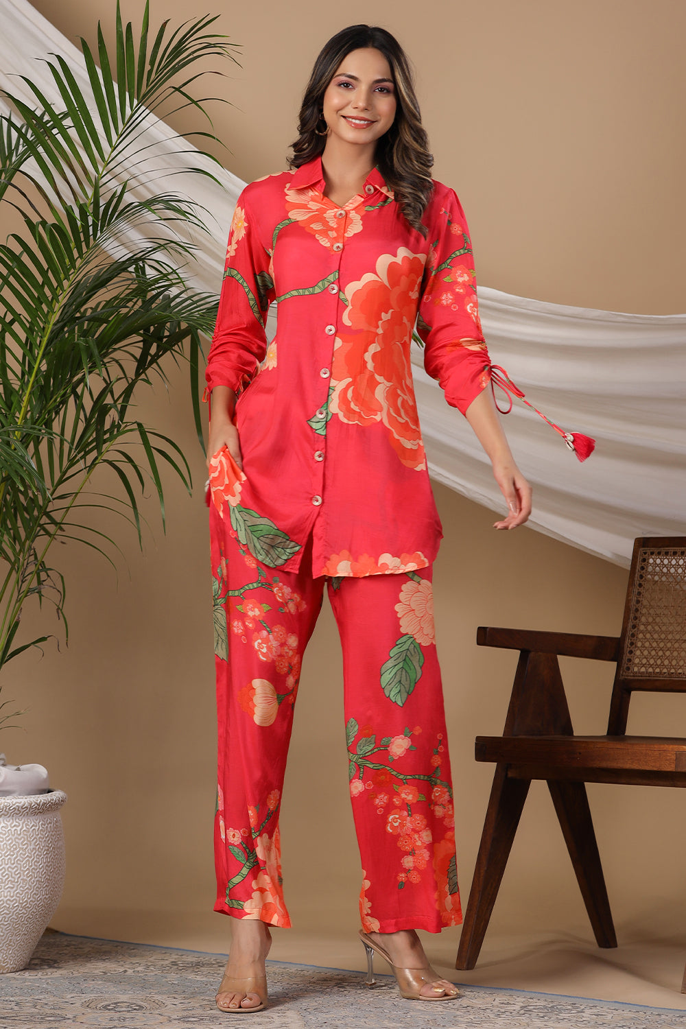 Fuchsia Pink Color Muslin Printed Co-Ord Set