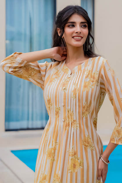 Mustard Muslin Floral Printed Kurta Set