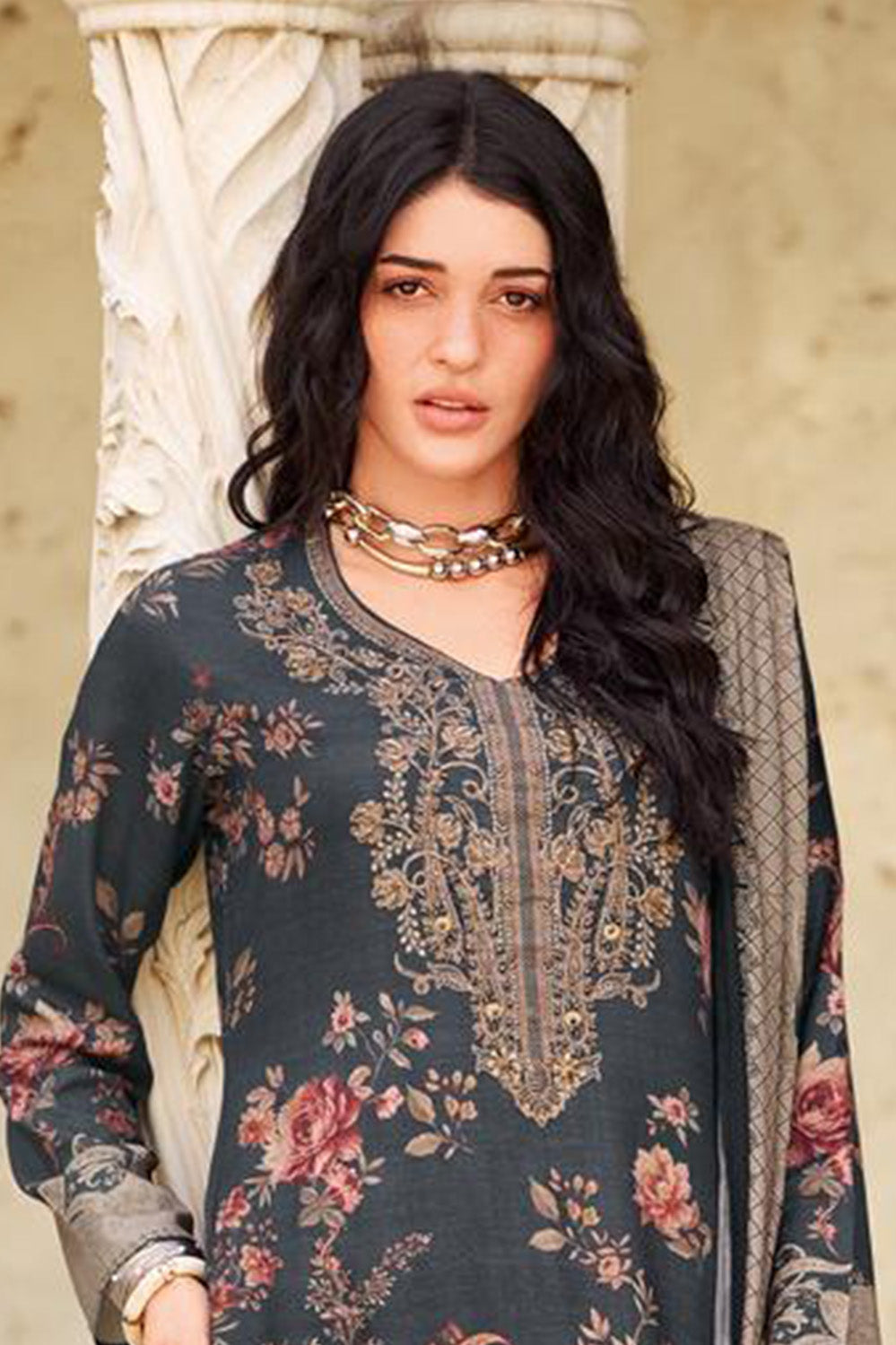 Grey Spun Floral Printed Unstitched Suit Fabric