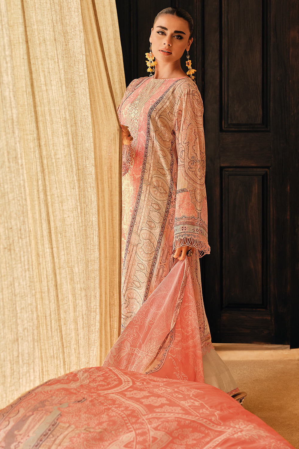 Peach Green Color Silk Digital Printed Unstitched Suit Material