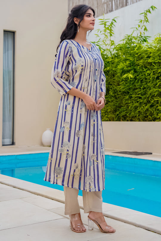 Beige & Blue Floral Printed Muslin Kurta Set