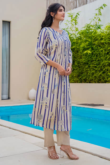 Beige & Blue Floral Printed Muslin Kurta Set