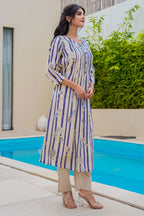 Beige & Blue Floral Printed Muslin Kurta Set