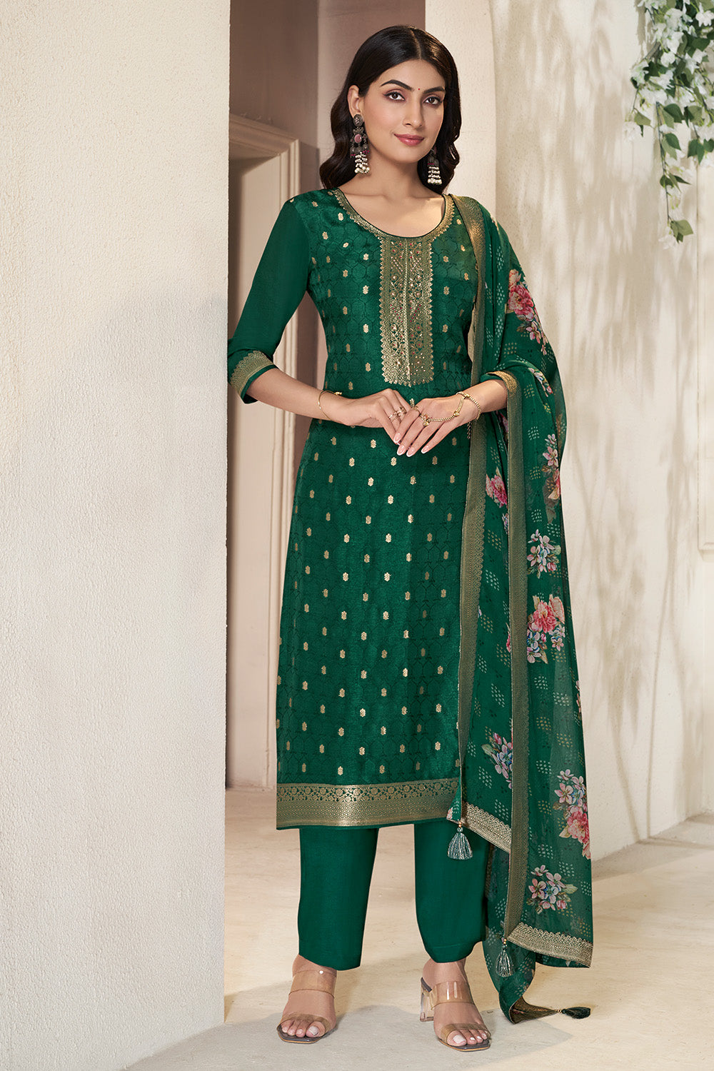 Bottle Green Color Silk Woven Straight Suit