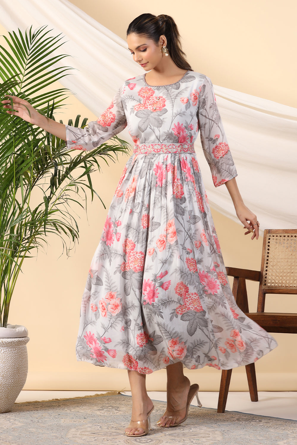 Grey Color Crepe Printed Peonies Dress
