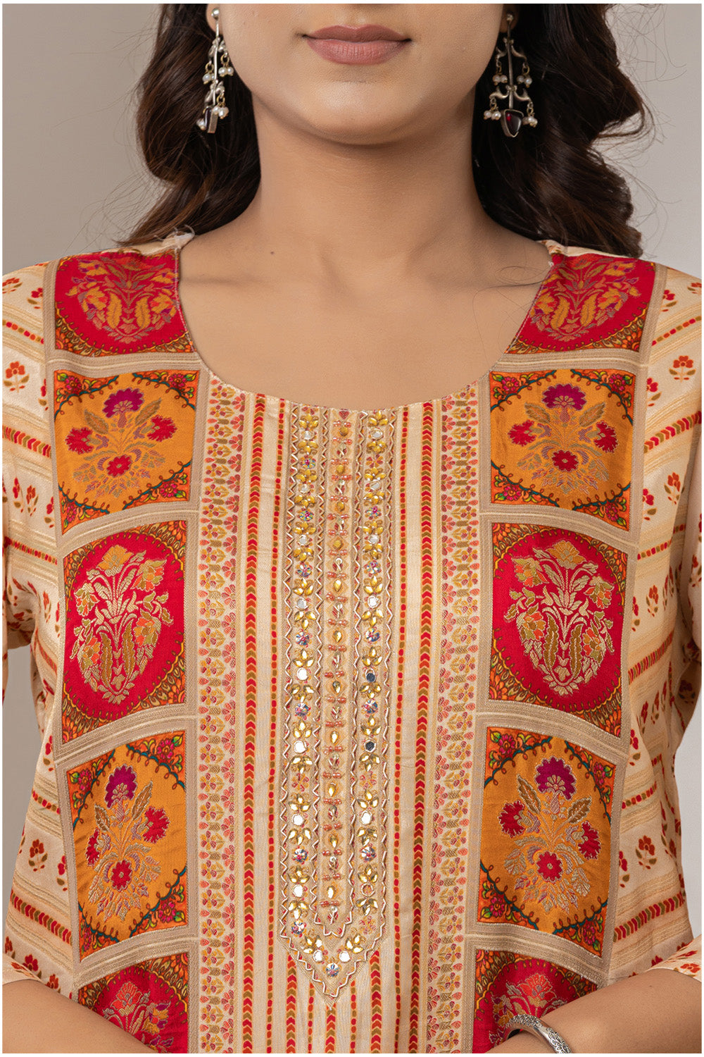 Beige Crepe Silk Printed Suit Set