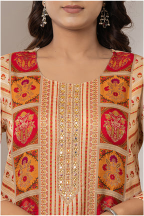 Beige Crepe Silk Printed Suit Set