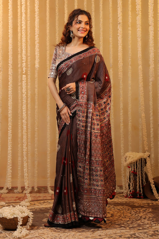 Light Brown Pure Mulberry Silk Printed And Embroidered Saree