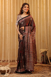 Light Brown Pure Mulberry Silk Printed And Embroidered Saree