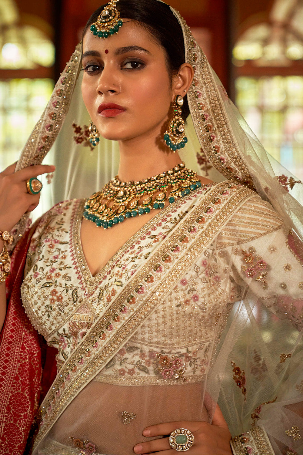 Cream luxurious Silk Embroidered Semi-Stitched Bridle Lehenga