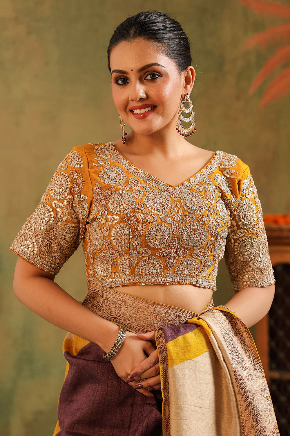 Beige & Mustard Pure Tussar Silk Woven And Embroidered Saree