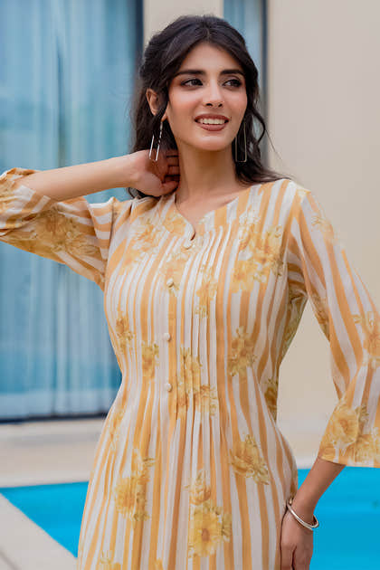 Mustard Muslin Floral Printed Kurta Set
