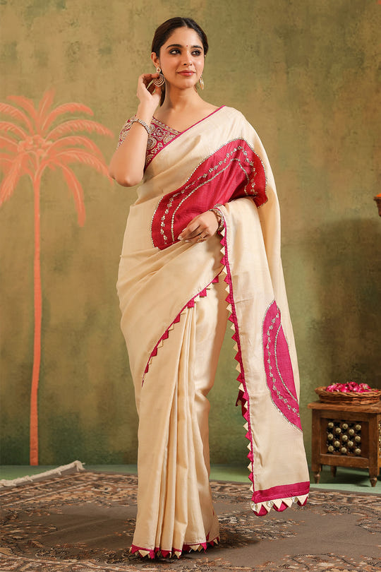 Cream Pure Tussar Zari And Gota-Patti Embroidered Saree
