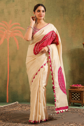 Cream Pure Tussar Zari And Gota-Patti Embroidered Saree