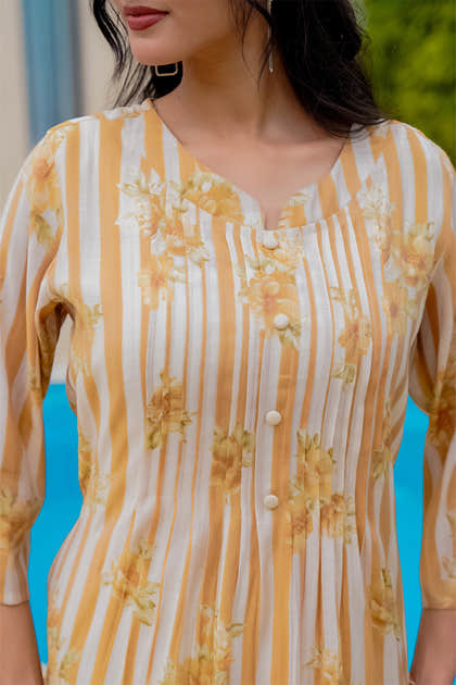 Mustard Muslin Floral Printed Kurta Set