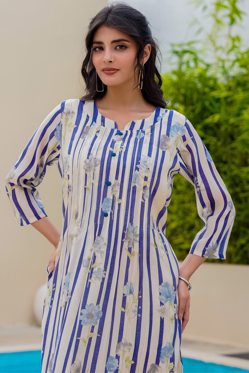 Beige & Blue Floral Printed Muslin Kurta Set