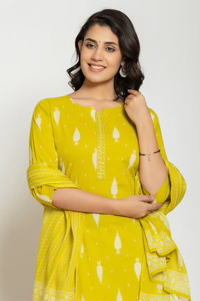Lemon Cotton Printed Straight Suit