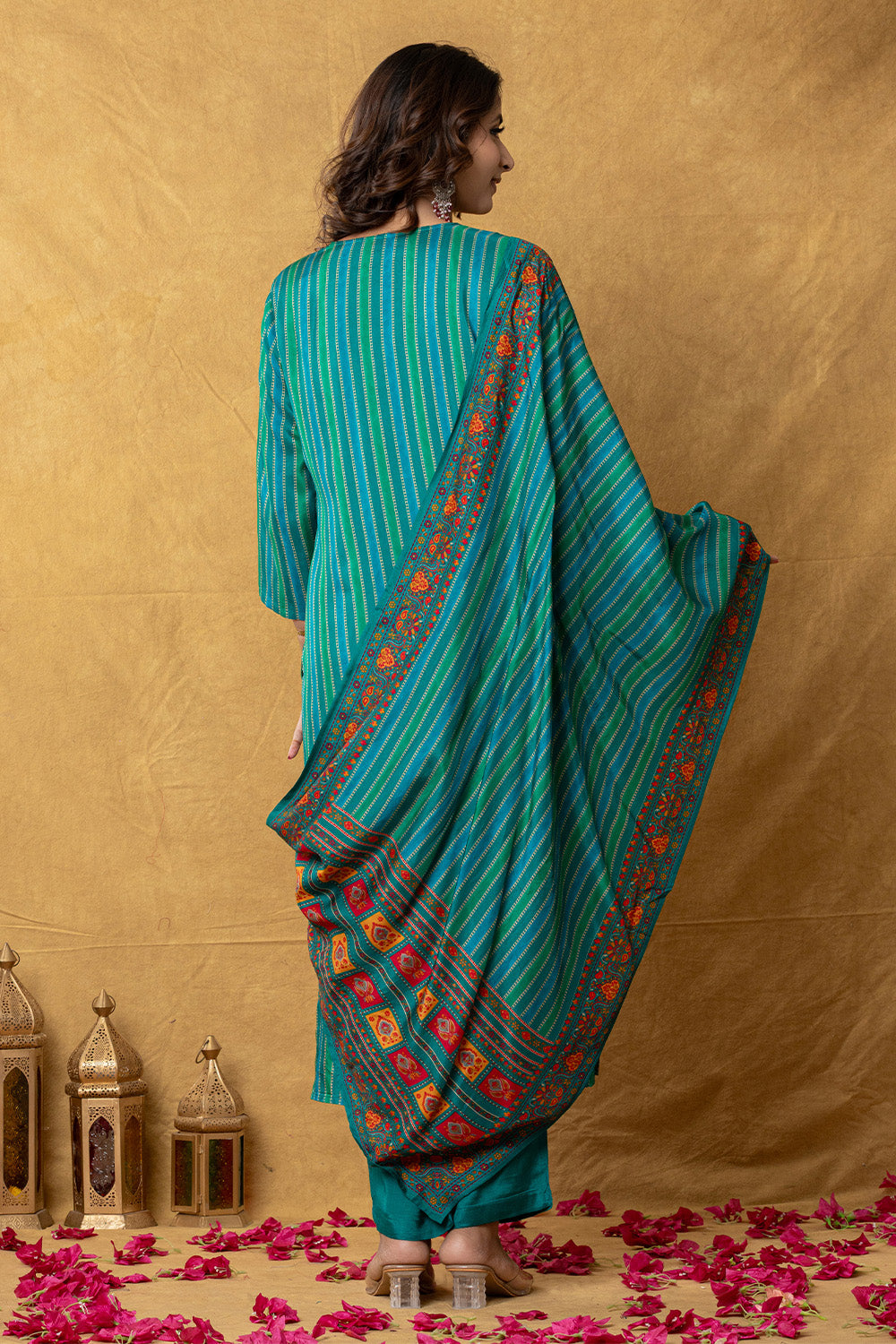 Teal & Blue Crepe Silk Printed Suit Set