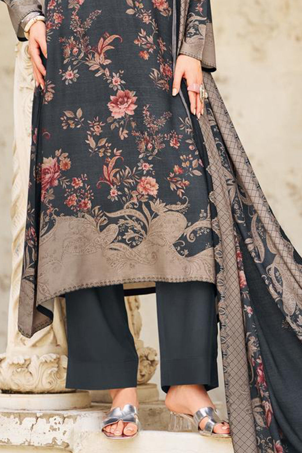 Grey Spun Floral Printed Unstitched Suit Fabric