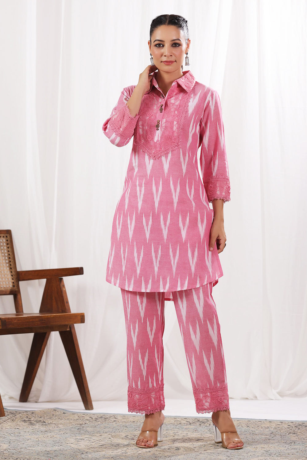Pink Color Khadi Cotton Lace Work Kurta Set