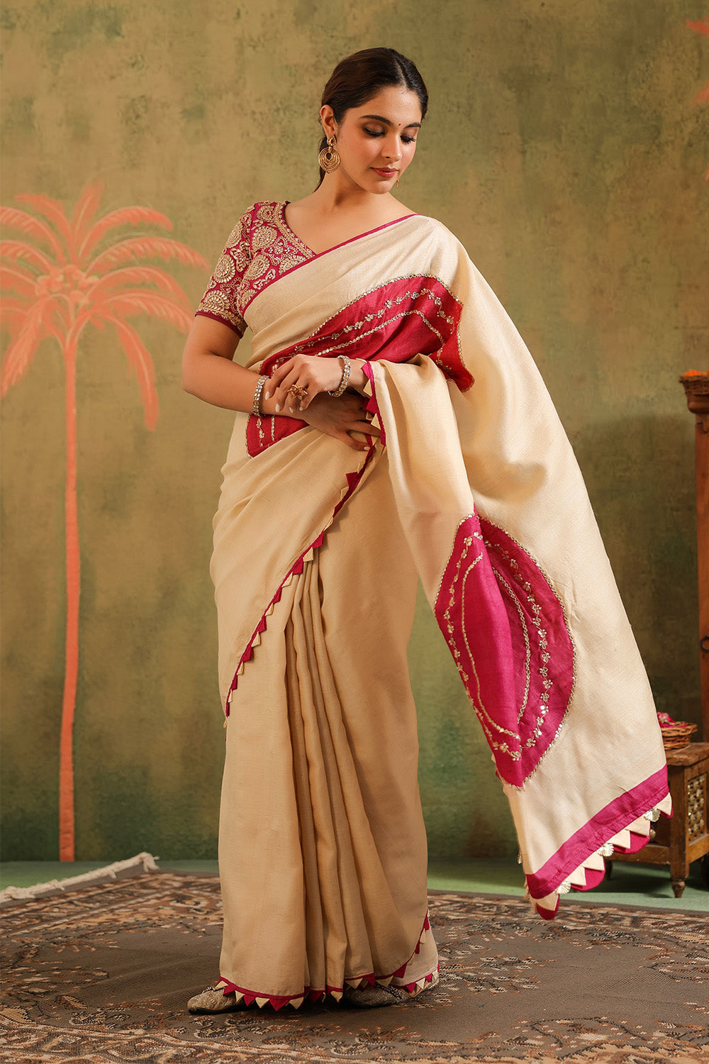 Cream Pure Tussar Zari And Gota-Patti Embroidered Saree