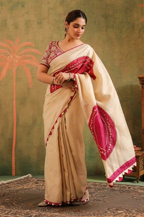 Cream Pure Tussar Zari And Gota-Patti Embroidered Saree