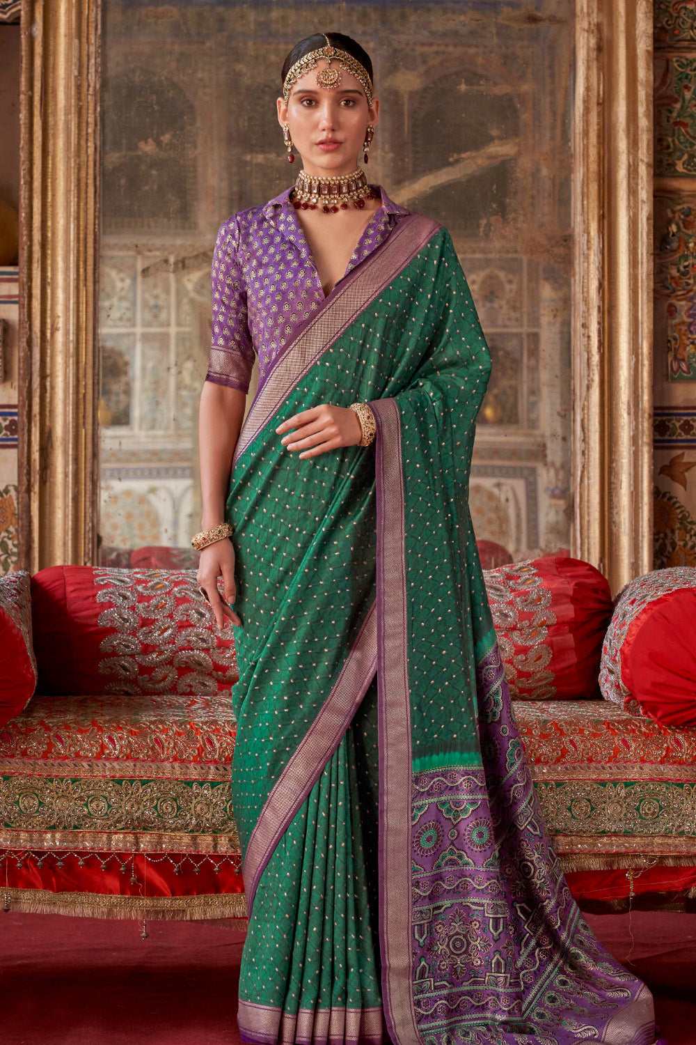 Green Color Bandhani Printed Gajji Silk Saree