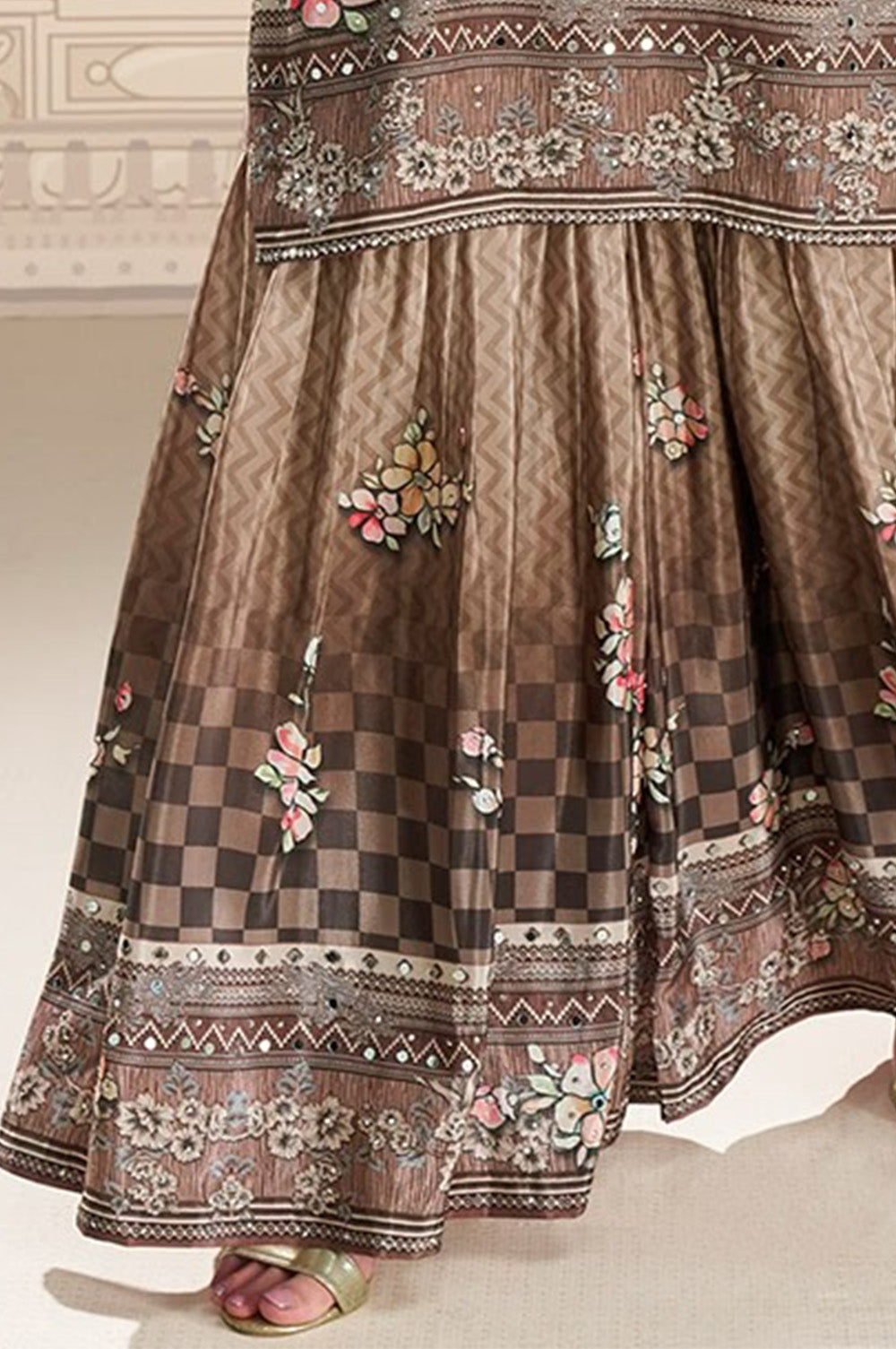 Brown Crepe Silk Mirror And Swarovski Embroidered Printed Suit With Gharara
