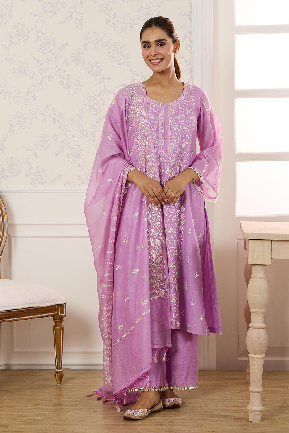 Mauve Mul Chanderi Resham Embroidered Unstitched Suit Material