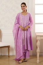 Mauve Mul Chanderi Resham Embroidered Unstitched Suit Material