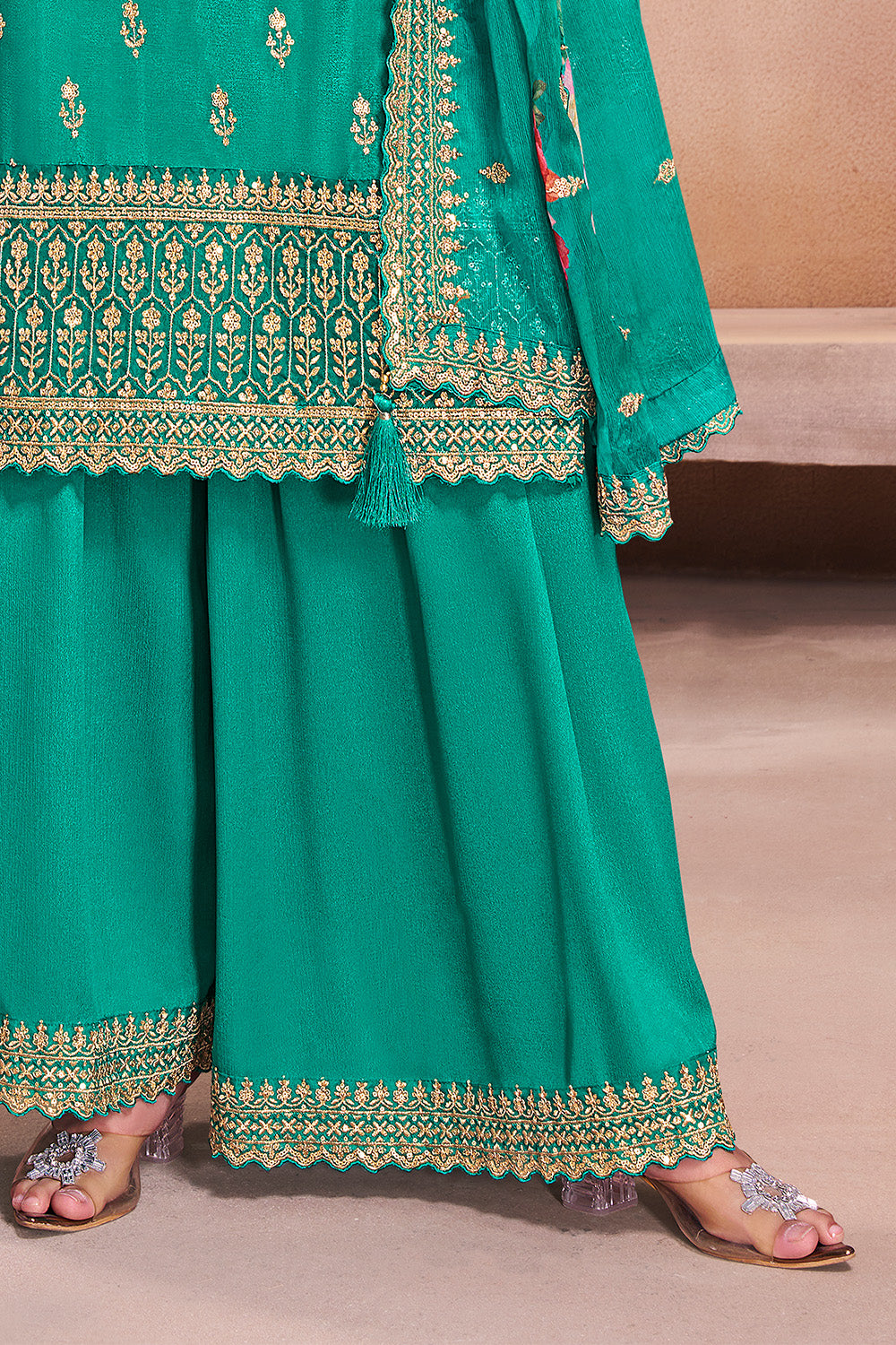 Teal Green Crepe Silk Embroidered Suit With Palazzo