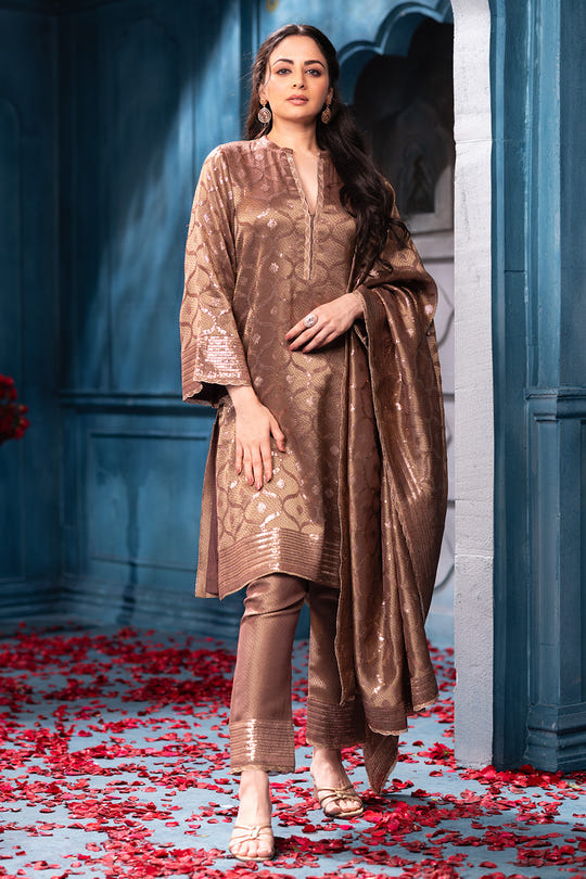 Brown Pure Metallic Tissue Sequins Embroidered Suit